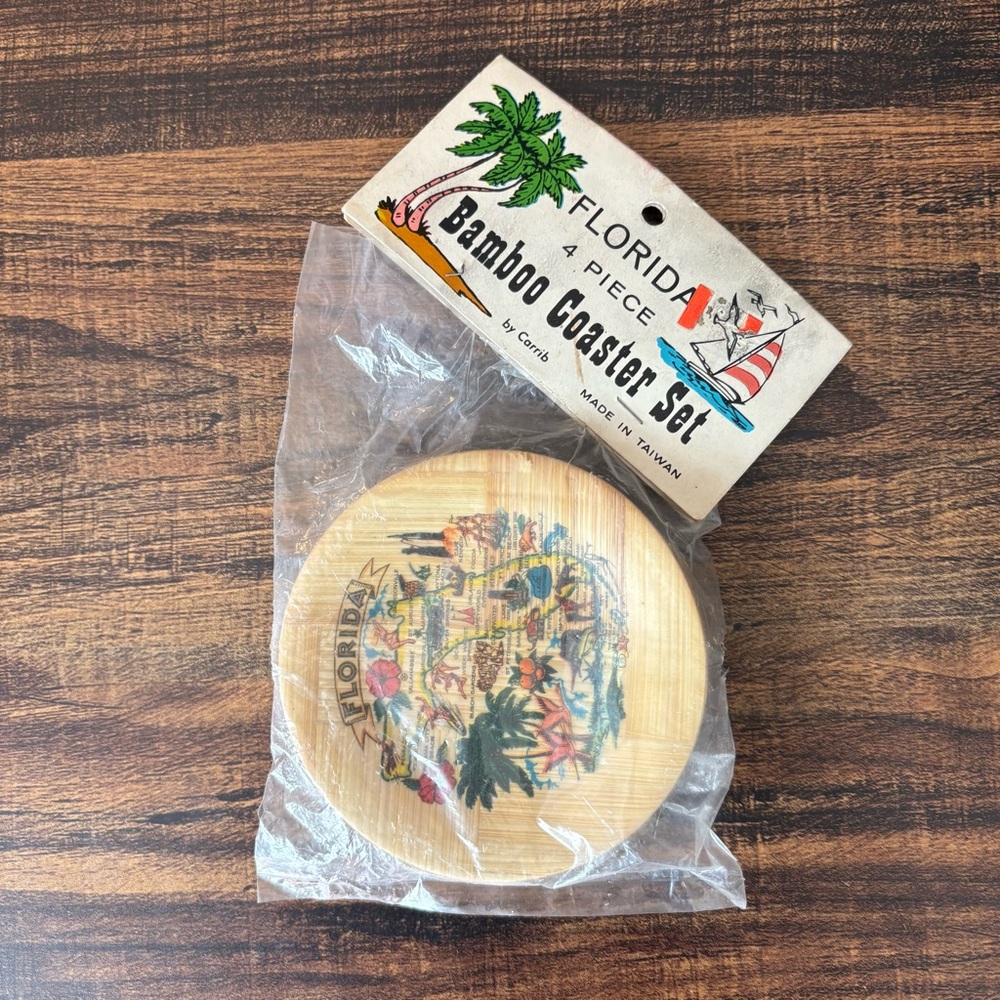 New VINTAGE set of 4 Flordia bamboo coaster se